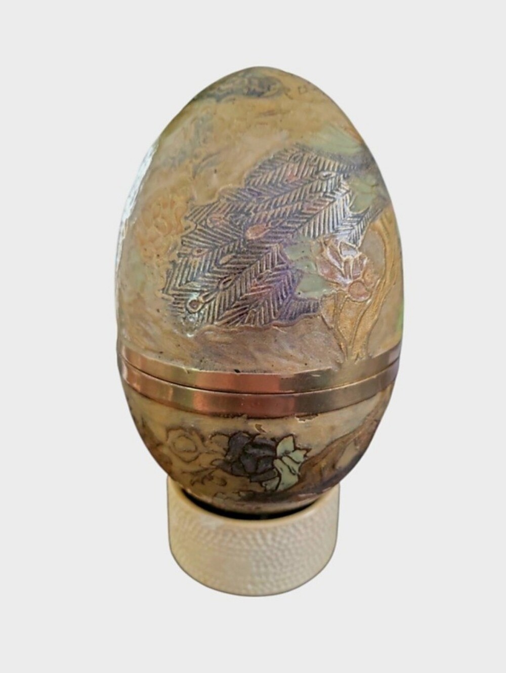 Vintage Brass Etched Metal Peacock & Floral Trinket Box Egg Bohemian Eclectic